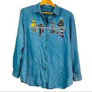 🌼 Vintage Karen Scott Embroidered Christmas Denim Top ▪️ Extra Large